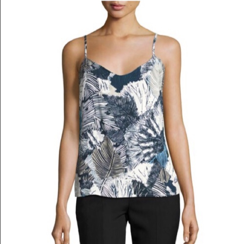 French Connection Blue and White Palm Leaf Print Cami V-Neck Top